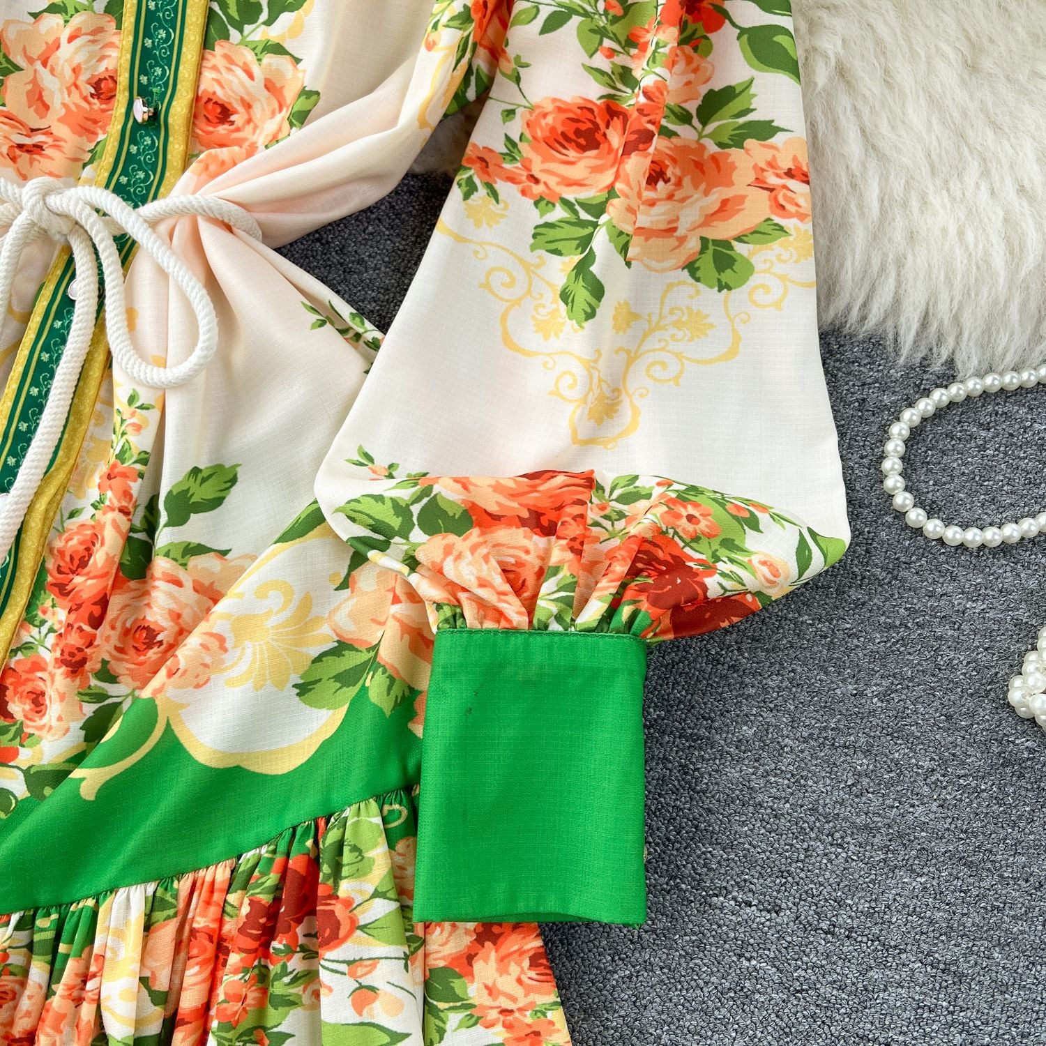 Women French retro print color matching shirt dress 18