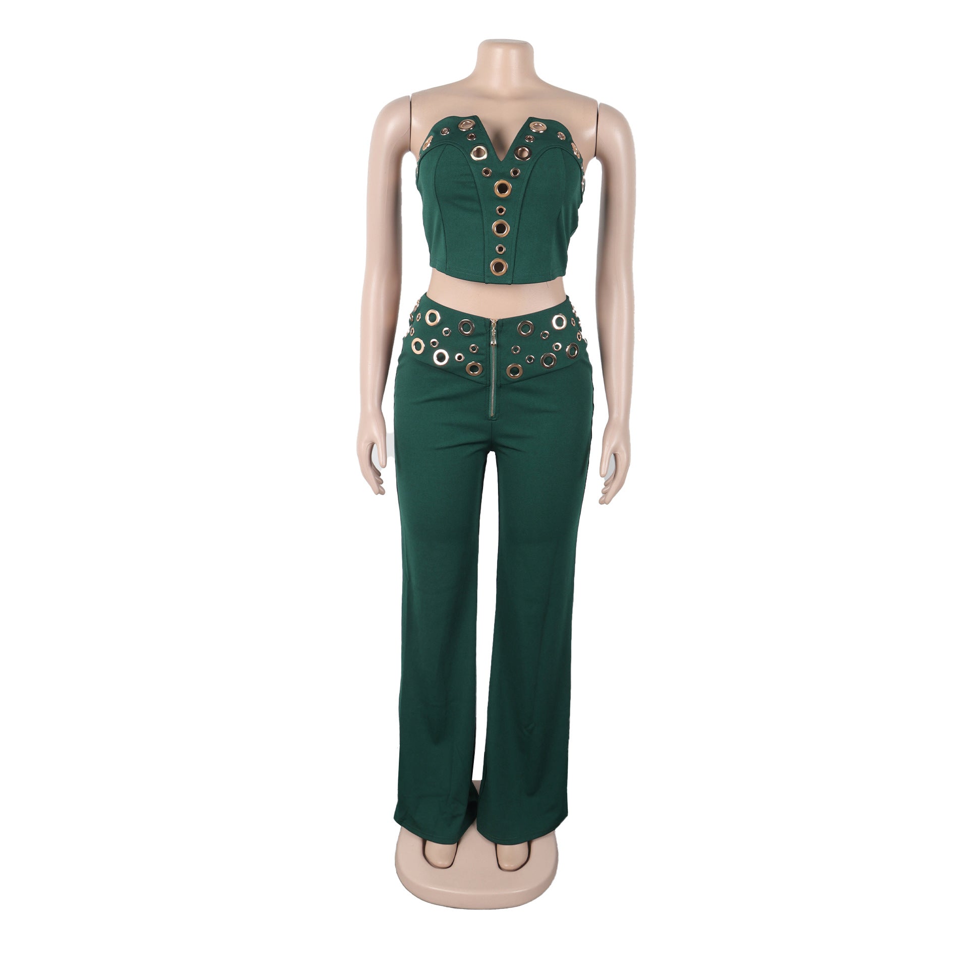 Women elegant elastic metal buckle decorated V-neck Top and Pants two-piece set 9