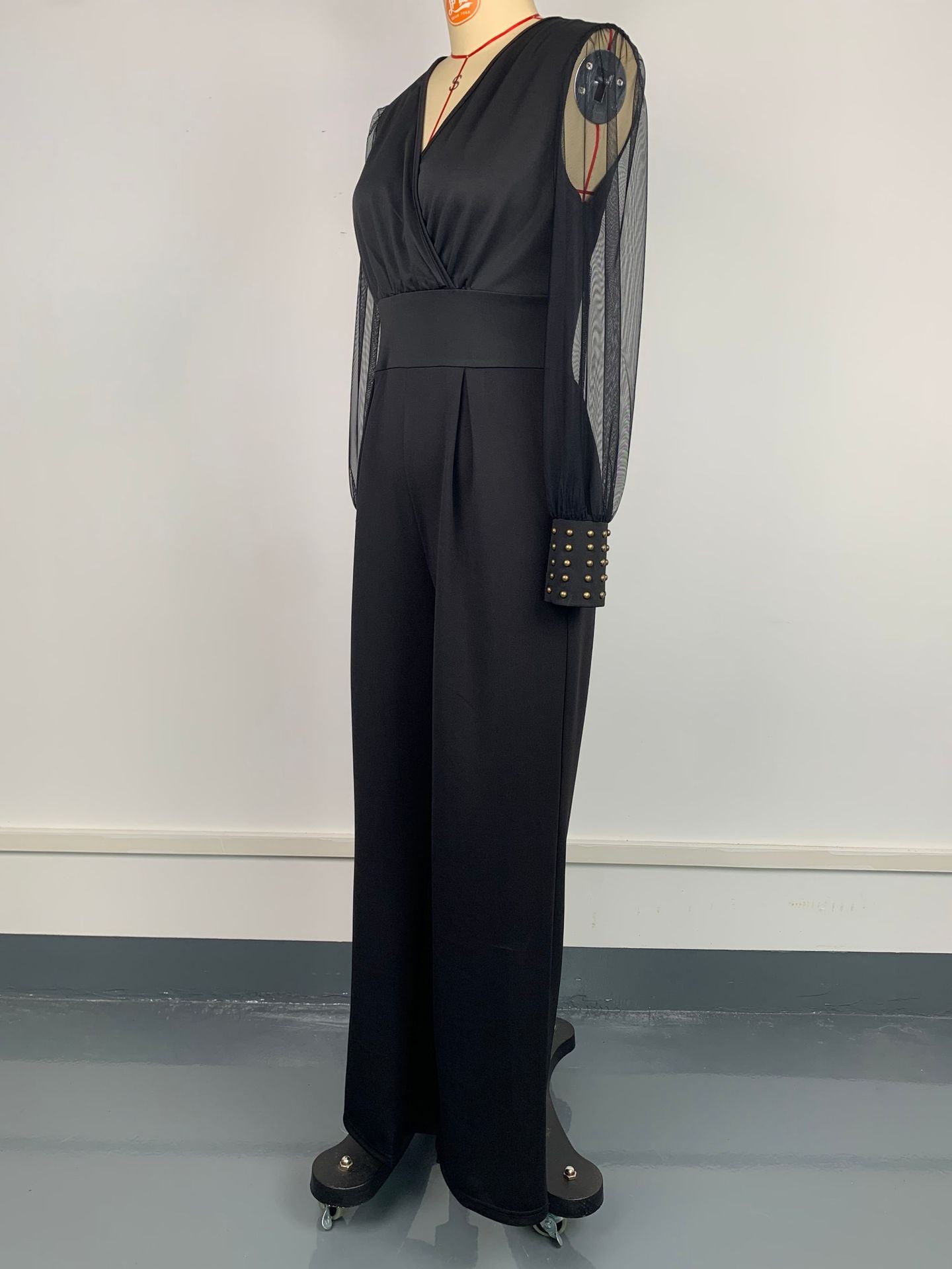 Fashionable Women's V-Neck Mesh Patchwork Rivet Long Sleeve Loose Jumpsuit 6