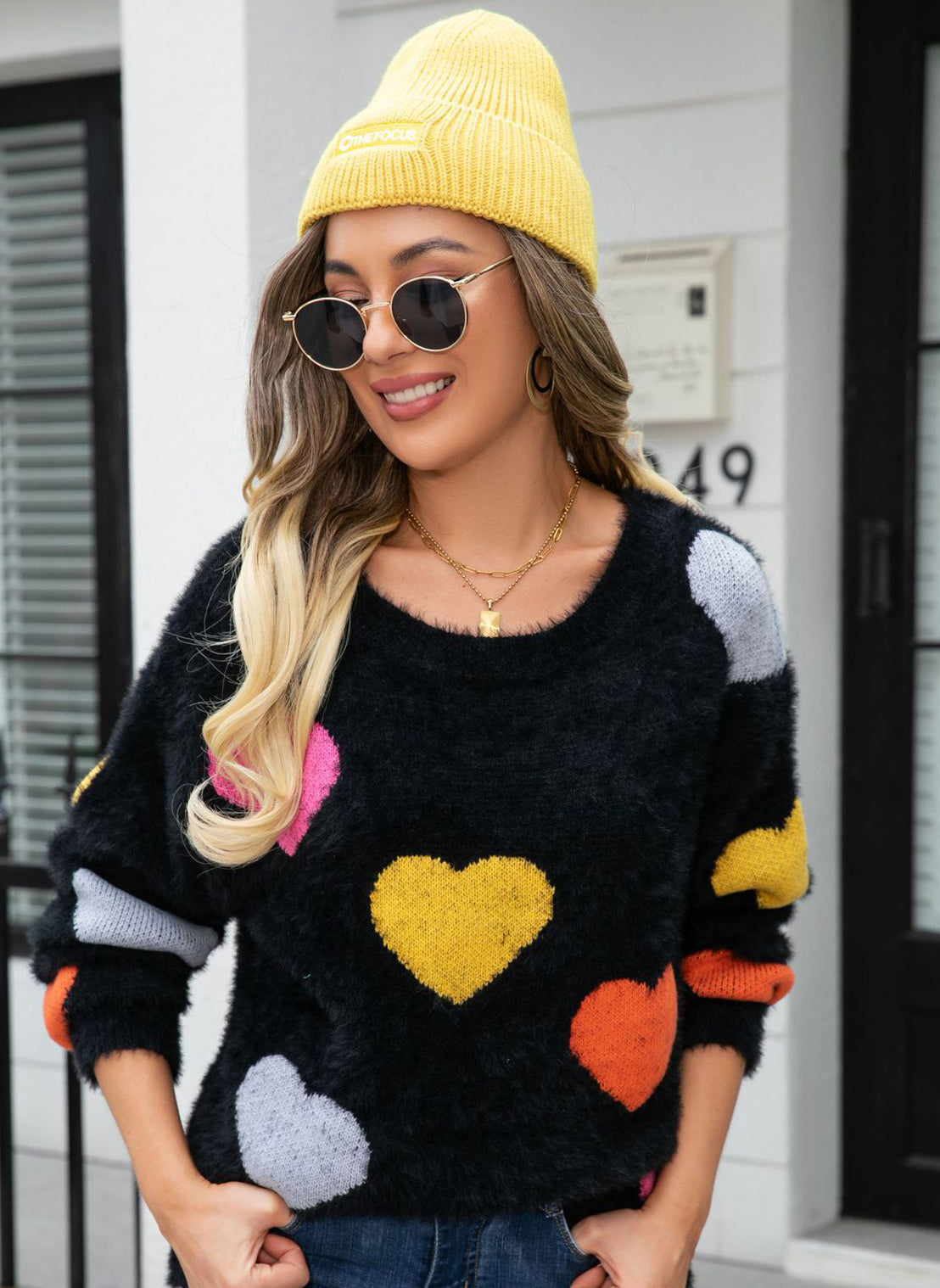 Women Round Neck Basic Heart Print Sweater 10