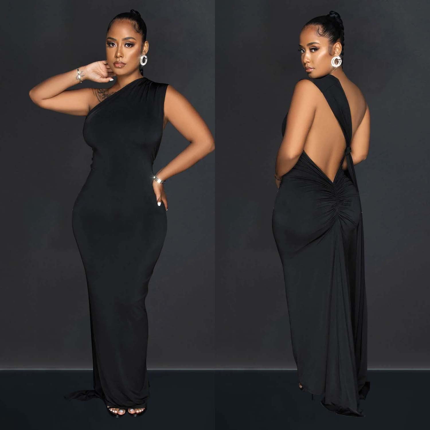 Women's Fashion Solid Color Low Back Pleated Irregular Maxi Dress For Women 6