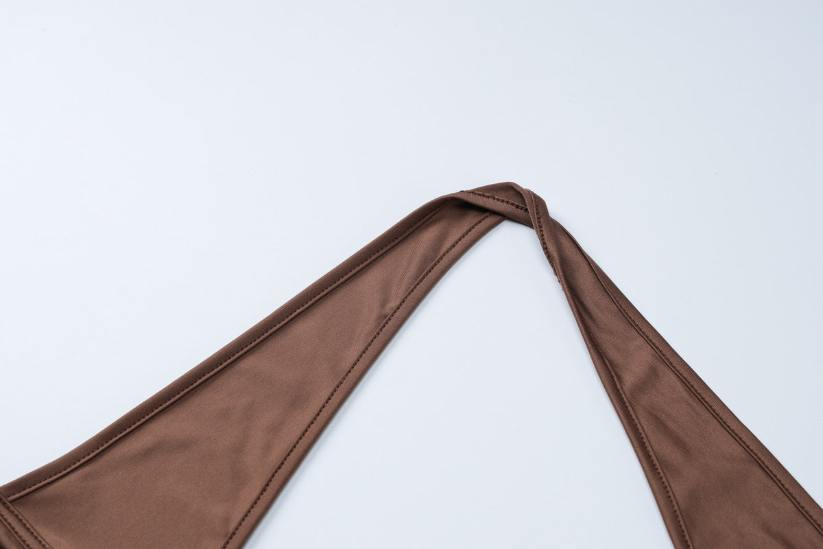 Women's Autumn Long Sleeve Halter Neck Top Pleated Slim Bell Bottom Trousers Fashion Sports Two Piece Set 12