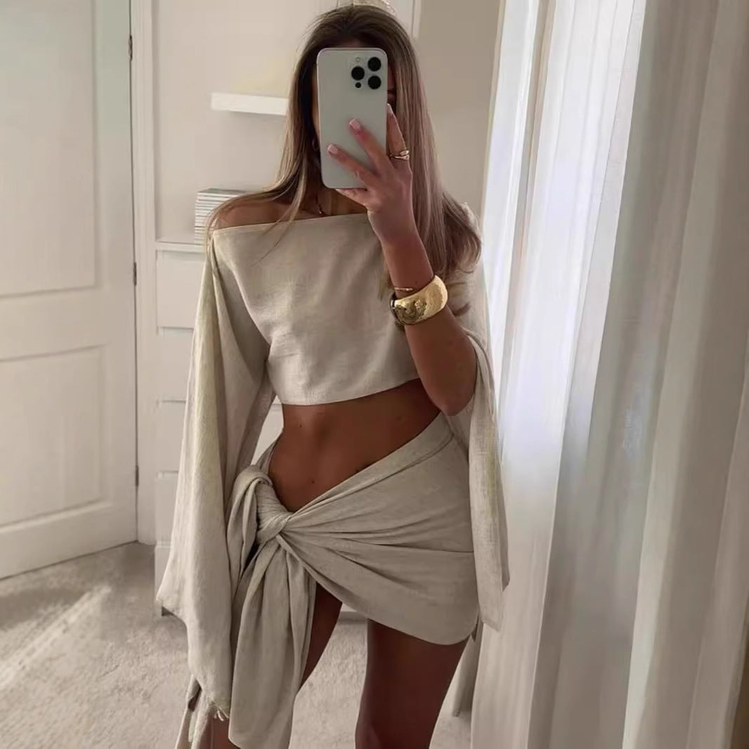 Summer Beach Holidays Sunscreen Breathable Long Sleeve Two Piece Skirt Set 6