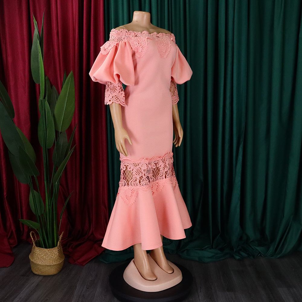 Women Off Shoulder Puff Sleeve Lace Patchwork Formal Party Mermaid Dress 23