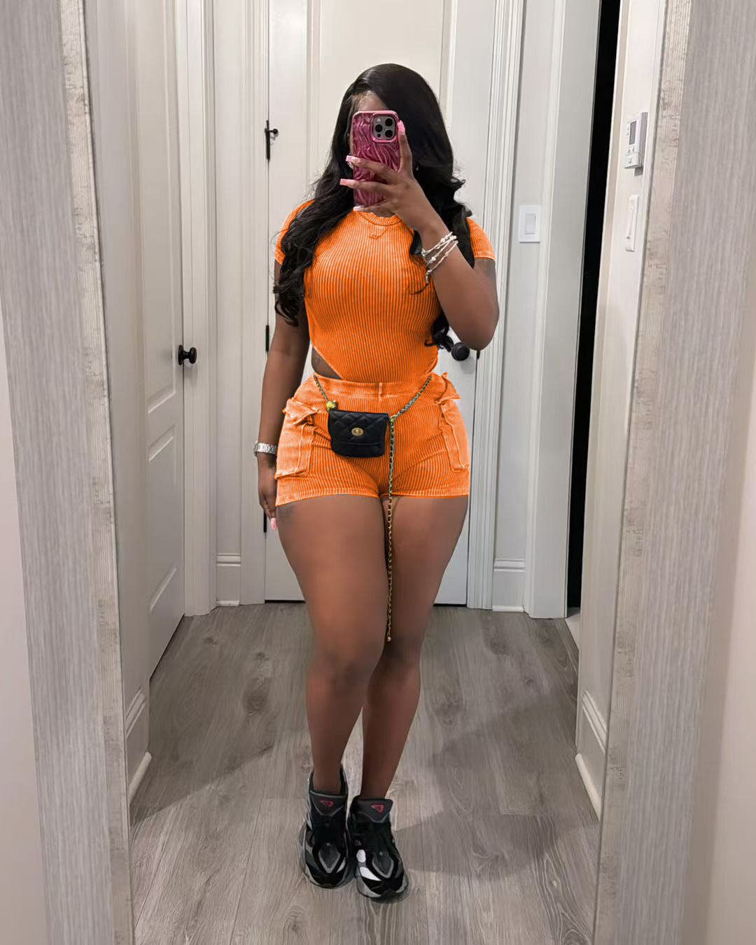 Women's Casual Solid Color  Short Sleeve Bodysuit Shorts Two Piece Set 3