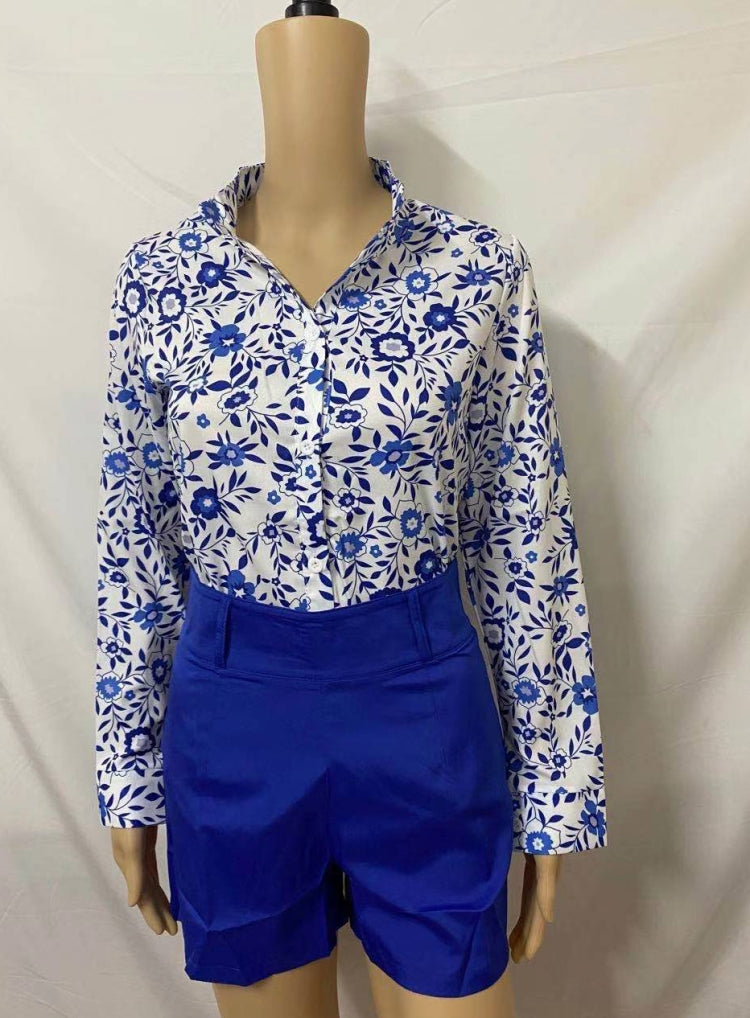 Summer Formal Print Blue Long Sleeve Blouse and Plain Shorts 2 Piece Set 3