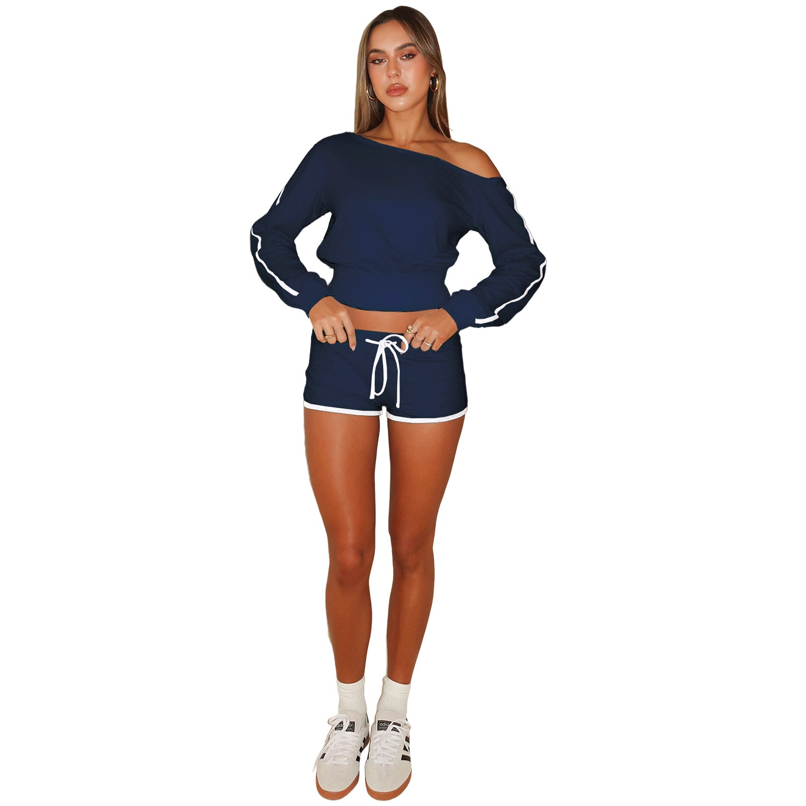 Women's Casual Slash Shoulder Long Sleeve Top Drawstring Shorts Two-Piece Set 33