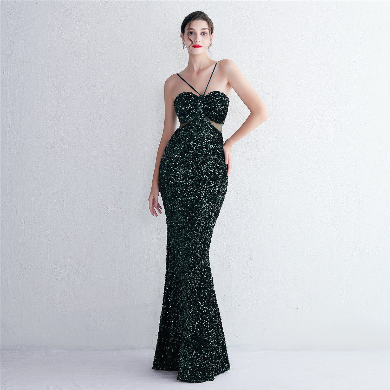 Velvet Sequin Sling Sequin Long Formal Party Slim Evening Dress 9