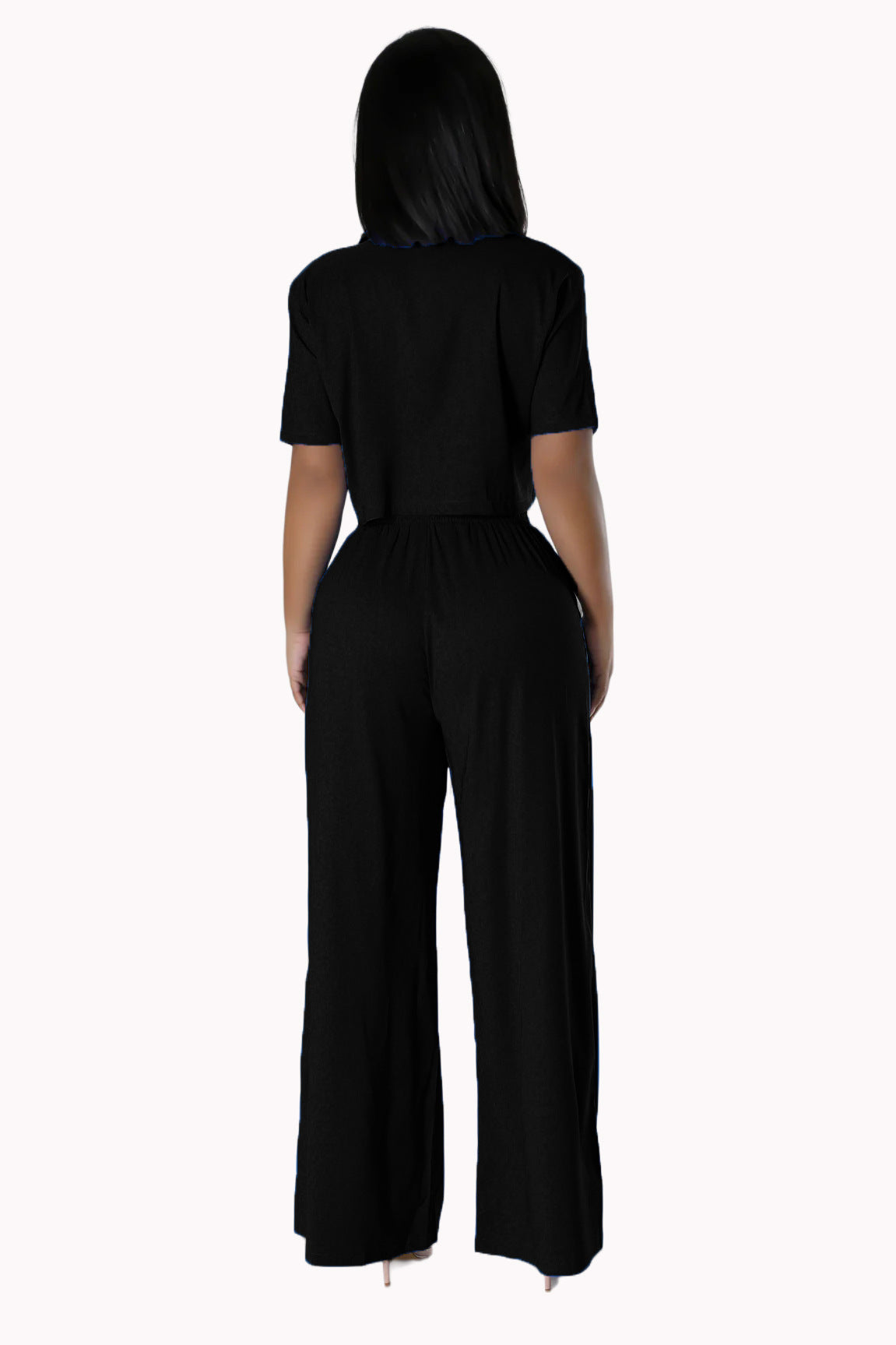 Sexy Fashion Solid Color V-Neck Casual Shirt Wide Leg Pants Two-Piece Set 5