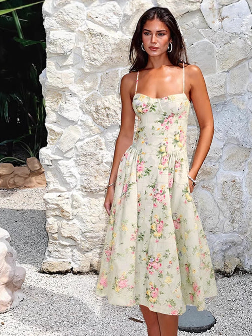 Summer women's clothing Chic sexy Low Back Slim Waist printed dress female 4