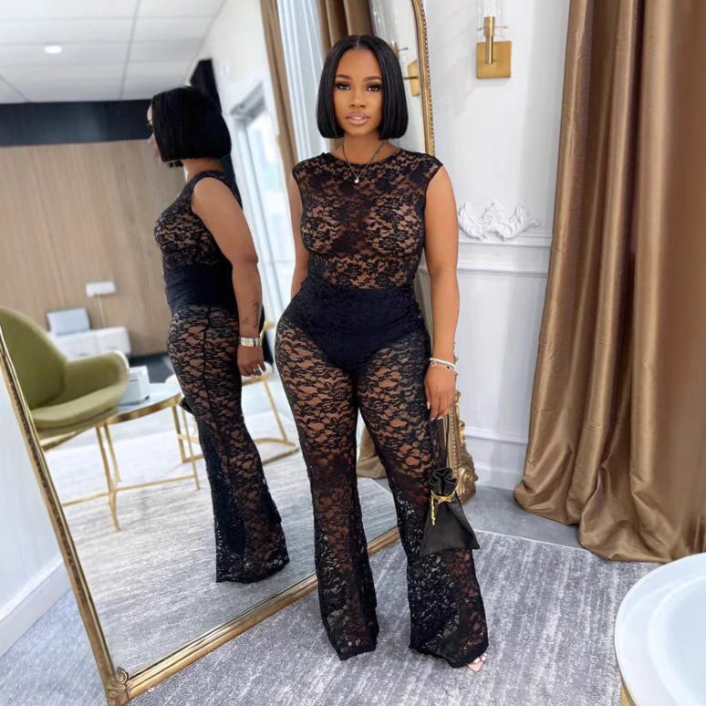 Women Elegant See-Through Lace Top and Pants Two Piece