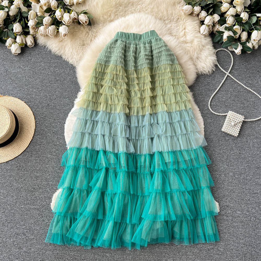 Women  Irregular Gradient Cascading Ruffles Puffy Mesh Skirt 15