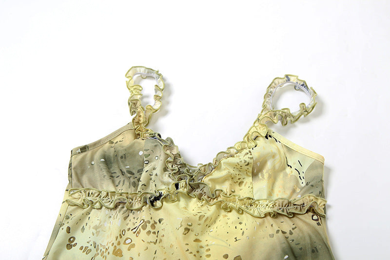 Fashion Women's V-Neck Low-Cut Camisole with Ruffle Edge Floral Print Skirt Set 11