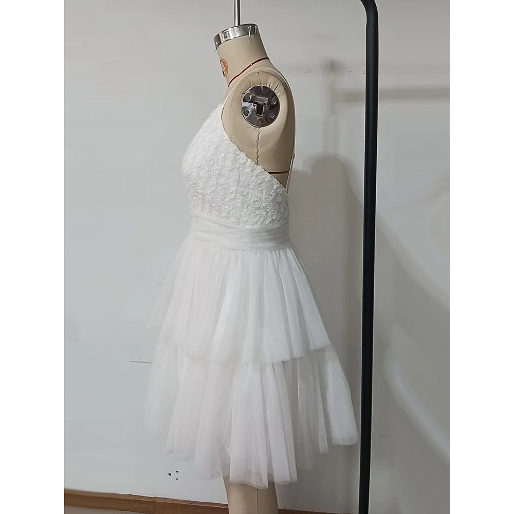 Women's Sexy Strap White Mesh Patchwork Mini Dress 10