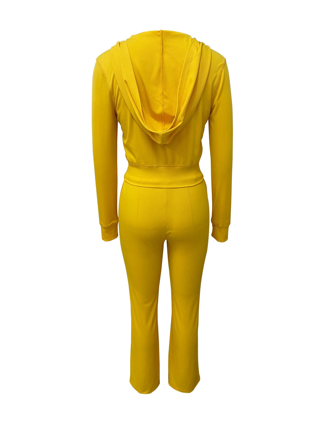 Women's Fashion Rib Zipper Hoodie Slim Bell Bottom Sports Pants Yoga Two Piece Set 5