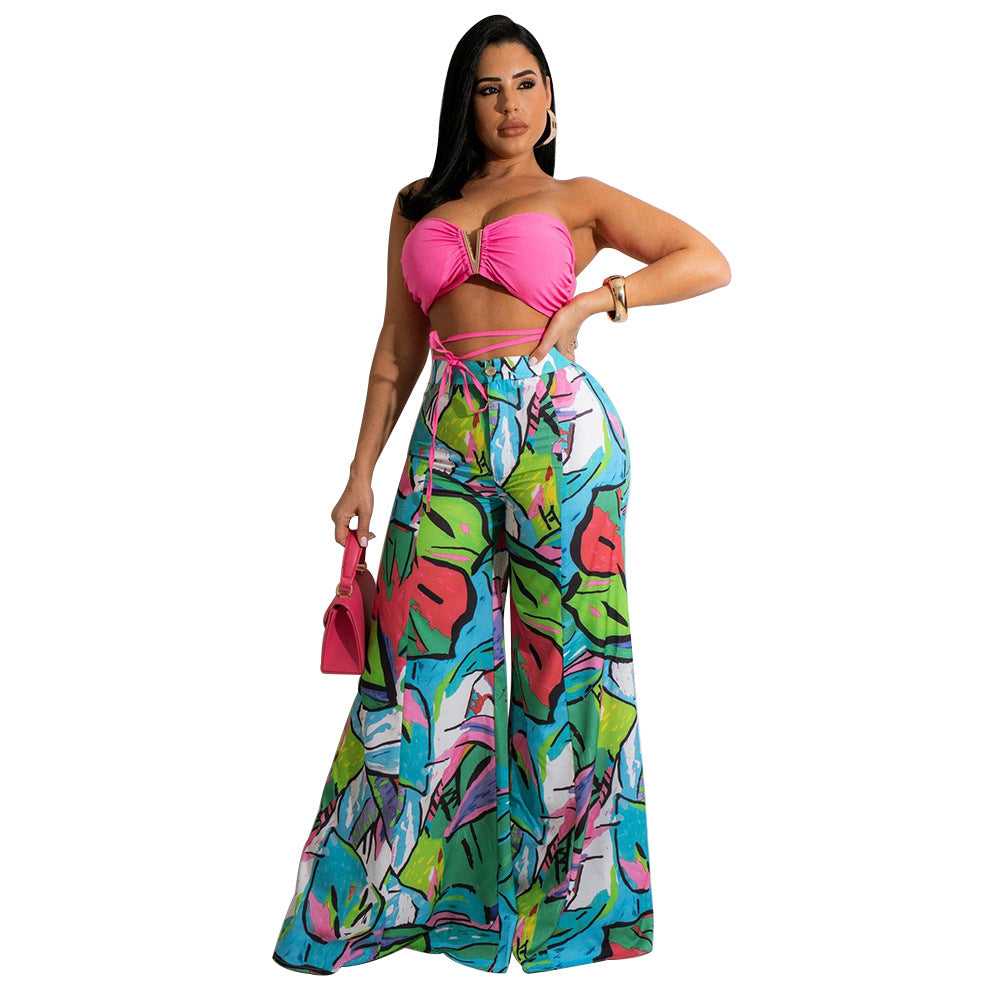 Women V-neck tube top and printed wide-leg trousers fashion casual women's suit two piece set