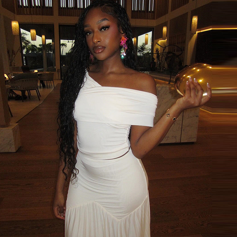 Women's Solid Color Sexy Off Shoulder Slim Top Pleated Skirt Trendy Two Piece Set 3