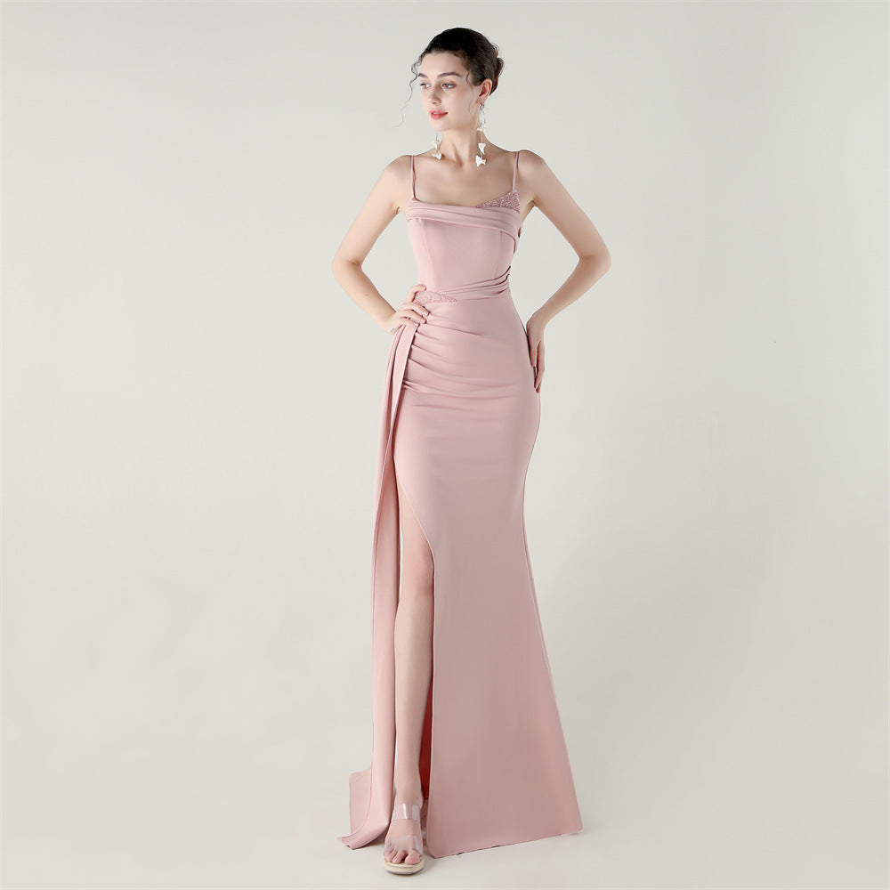 Women satin beaded chain fishtail slit evening dress