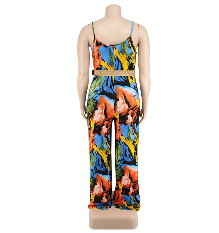 Plus Size Women summer suspender print Jumpsuit with belt 13