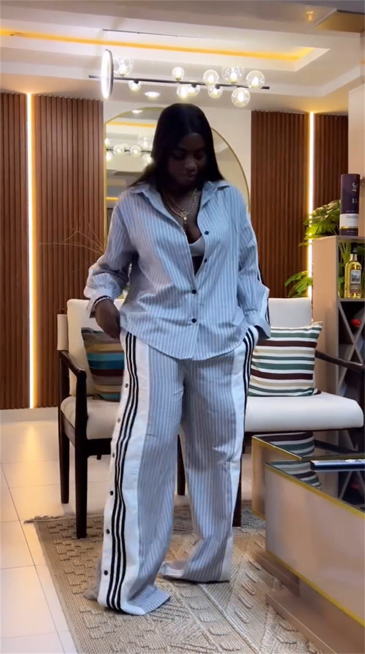 Women summer Turndown Collar striped long-sleeved shirt wide-leg pants Casual two-piece set