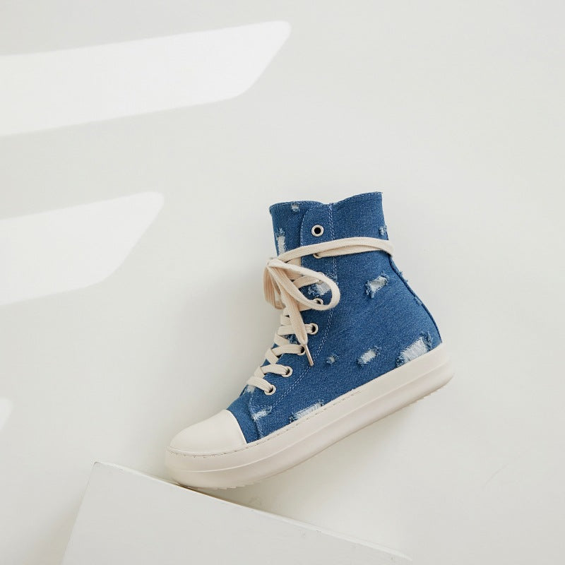 Platform Canvas Shoes Women's Washed Couple High-Top Shoes Ripped Denim Style Trendy Shoes For Men 5