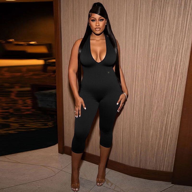 Women Spring and Summer Solid Halter Neck V Neck Backless Jumpsuit with Tie 12