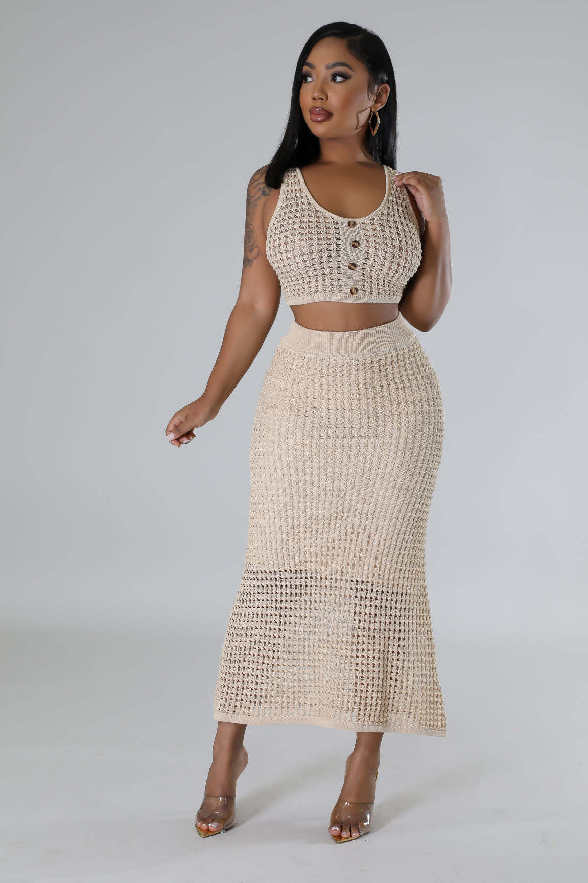 Women tassel fishnet knitting Casual Top and Skirt two-piece set 14