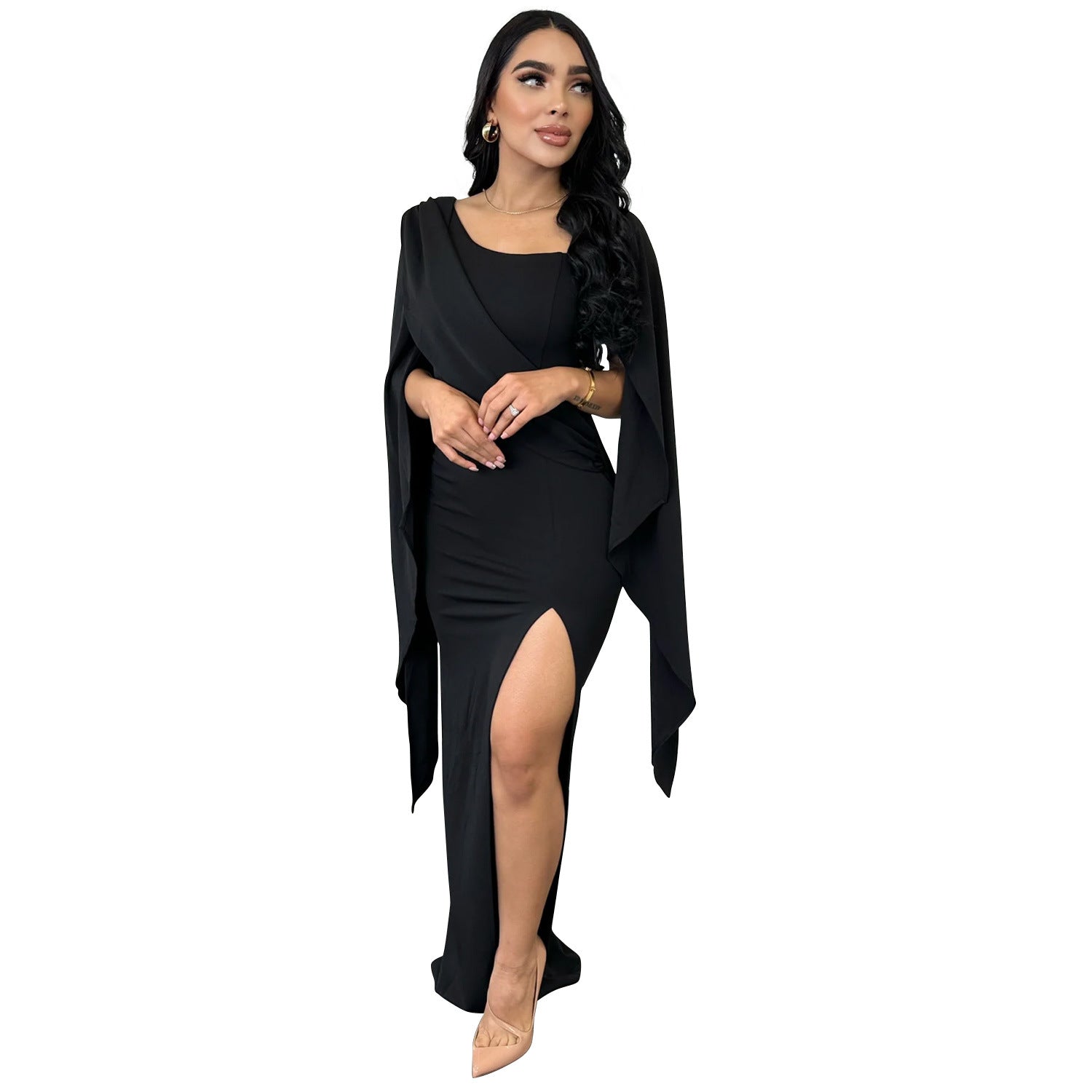 Fashion Women's Solid Color Long Sleeve Slit Pleated Maxi Dress 11