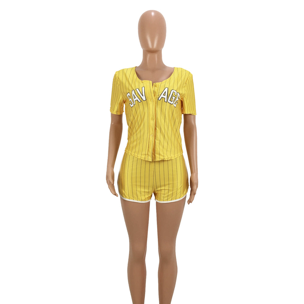 Women Sexy Women Striped Letter Baseball Top and Skirt Two-piece Set 31