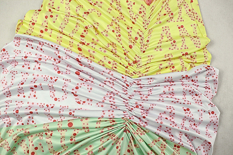 Printed Chic Women's Slim Waist High-Neck Long-Sleeve Sheer Patchwork Long Dress 13