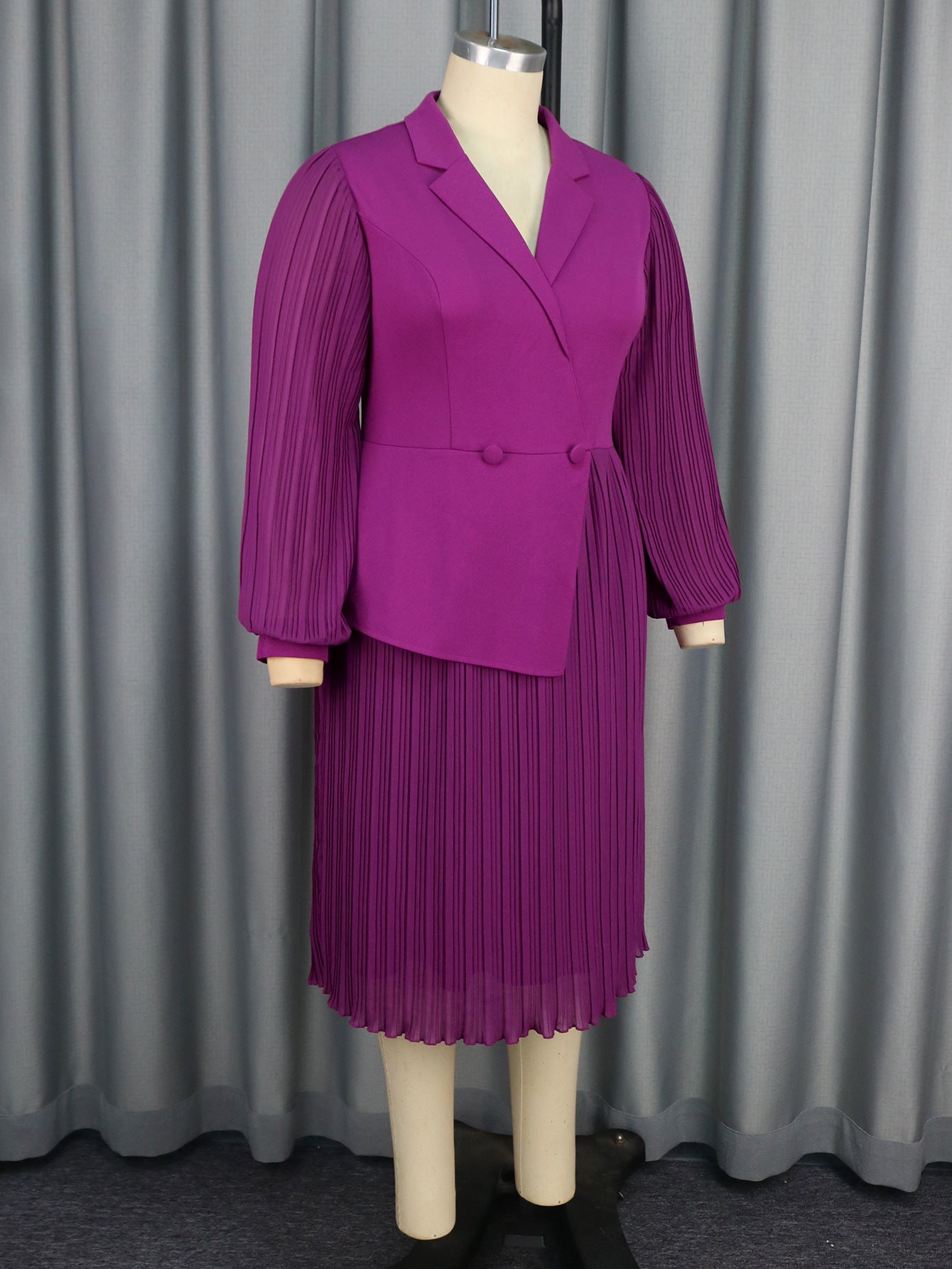 Women Turndown Collar Lantern Long Sleeve Asymmetric Pleated Dress 7