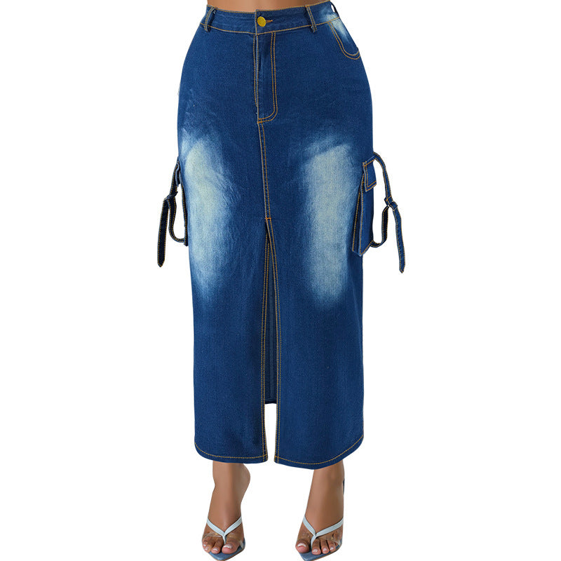 Plus Size Women's Denim Fashion Pocket Slit Long Skirt 6