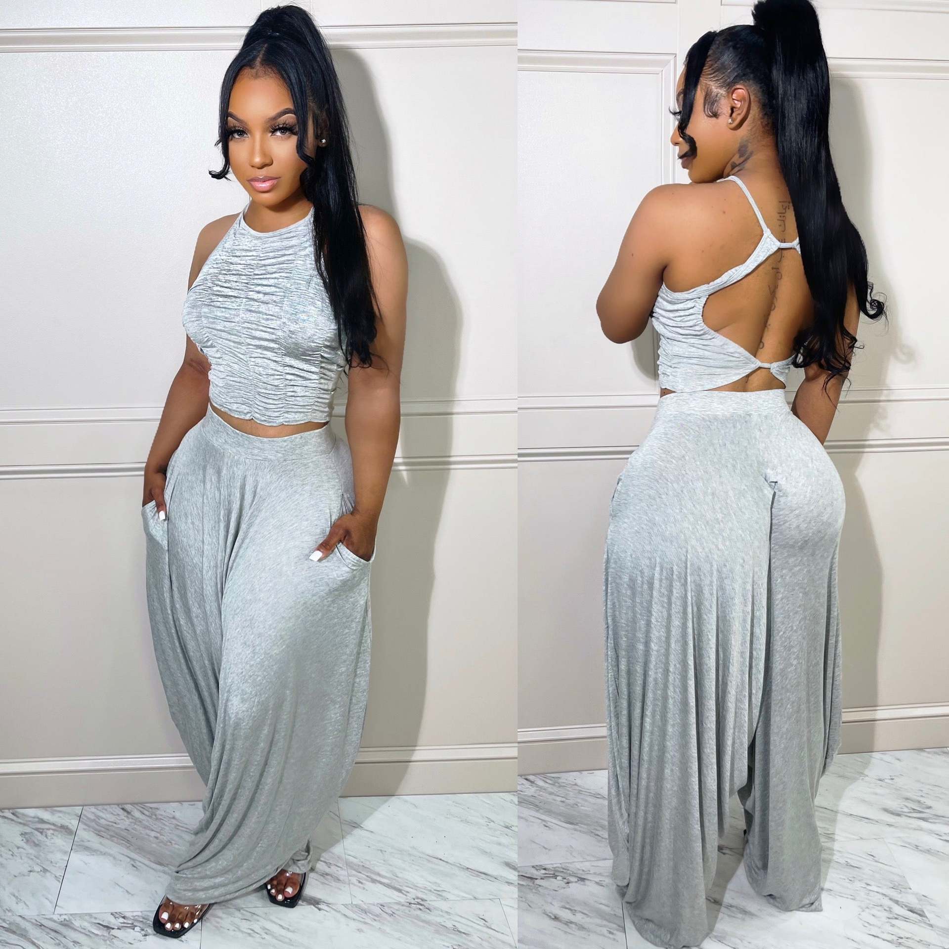 Women summer sexy pleated sleeveless top + wide leg pants two-piece set 10