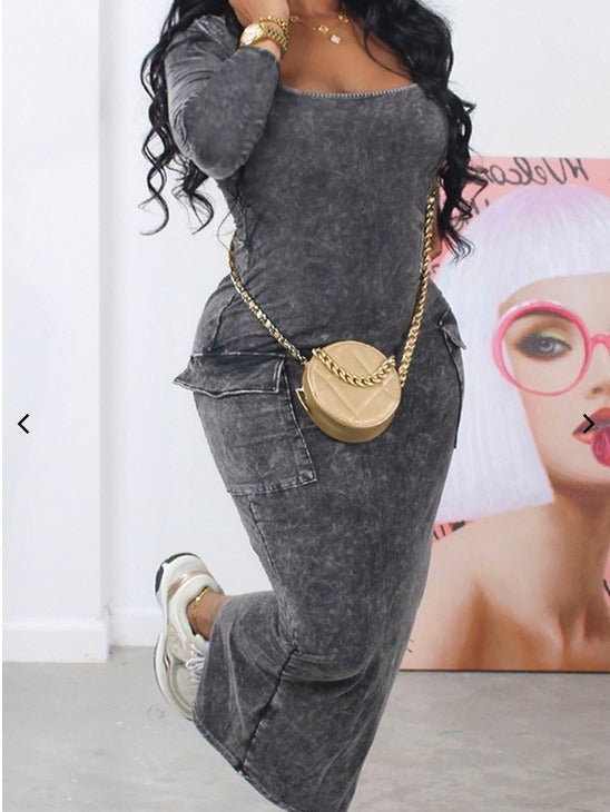 Sexy Printed Big Pockets Back Slit Long Sleeve Women's Bodycon Dress 6