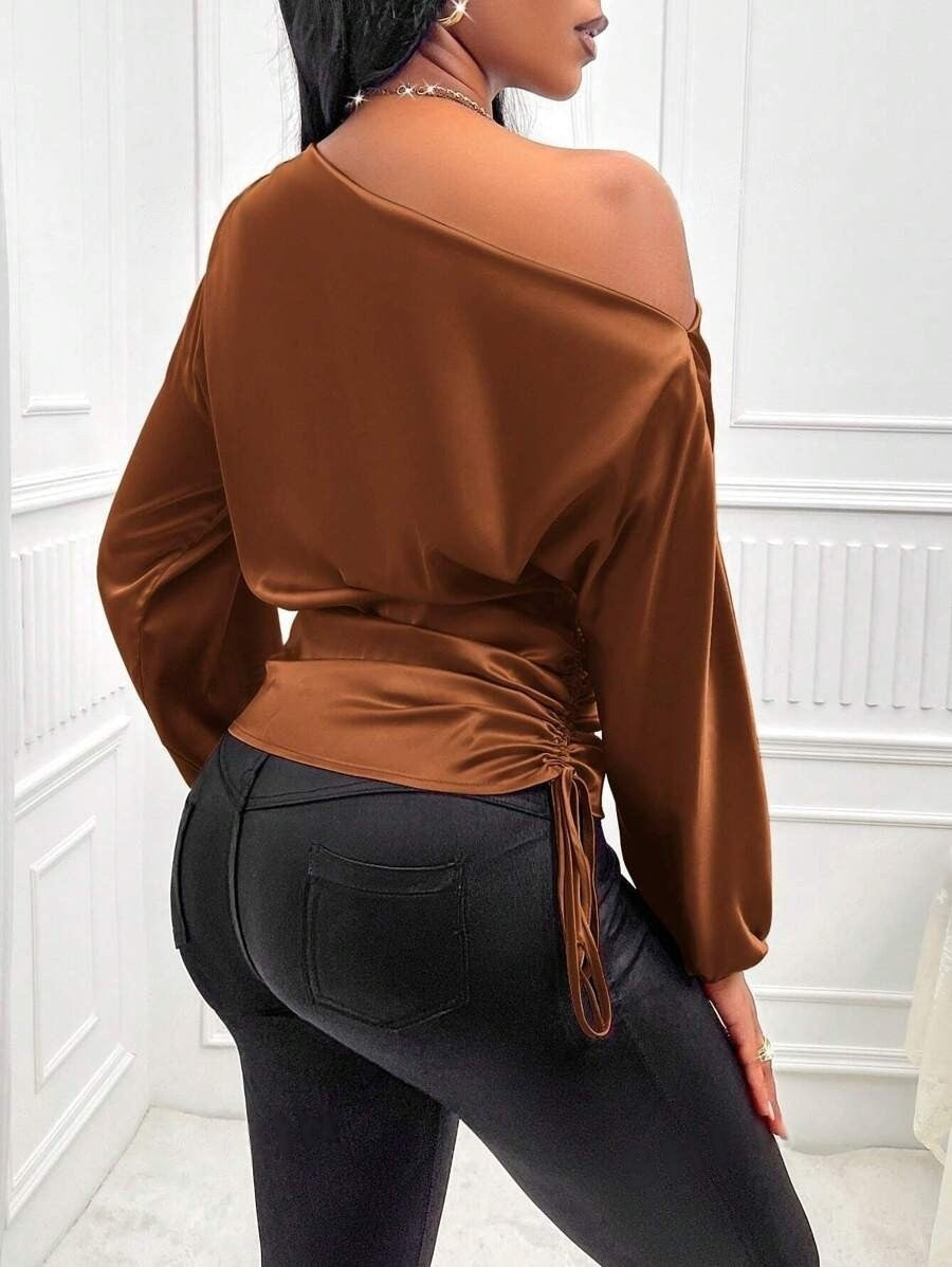 Women's Satin Shirt Asymmetric Slash Shoulder Long-Sleeve Blouse 16