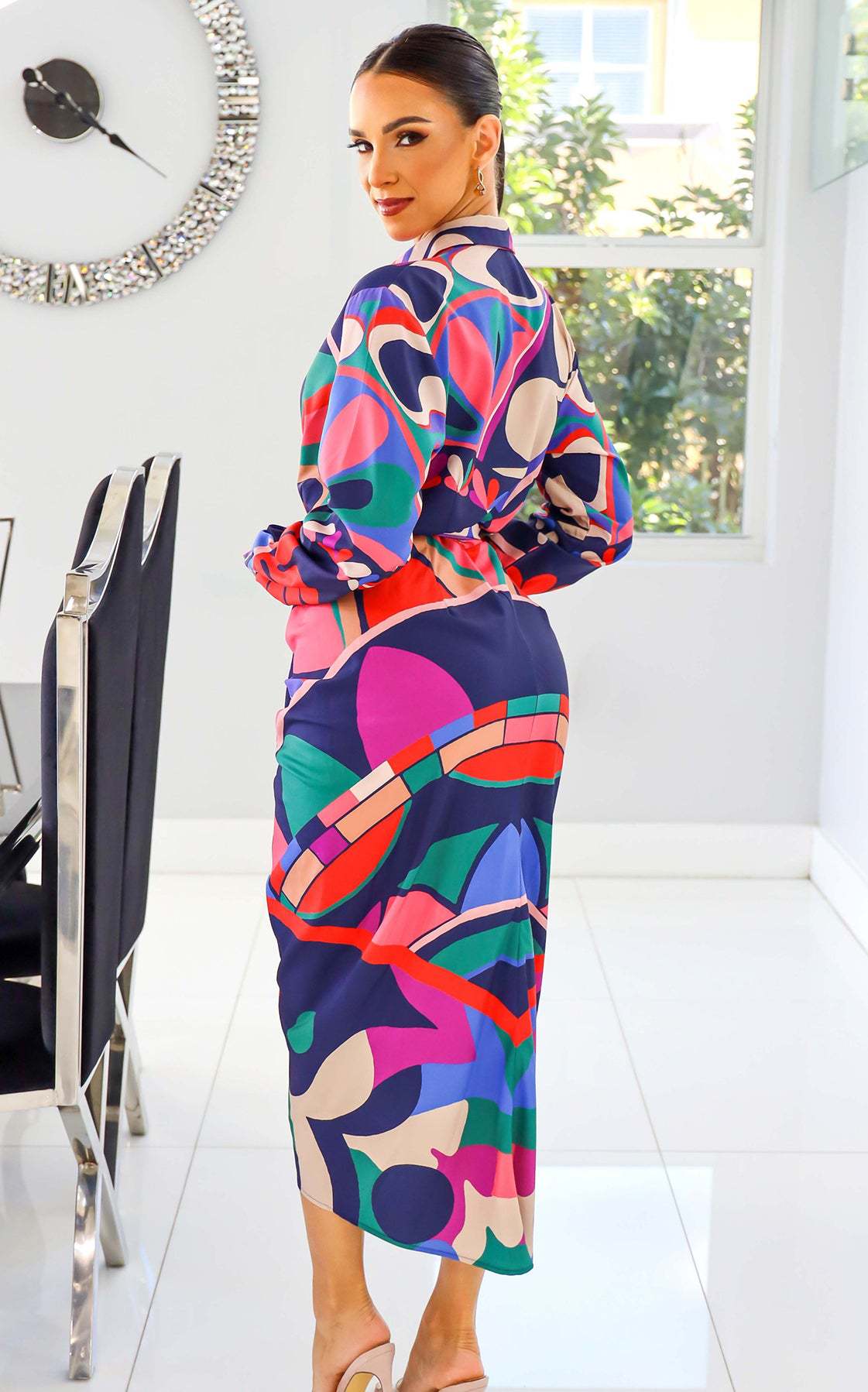 Women's Chic Career Long Sleeve Printed Slim Waist Casual Shirt Dress with Belt 5