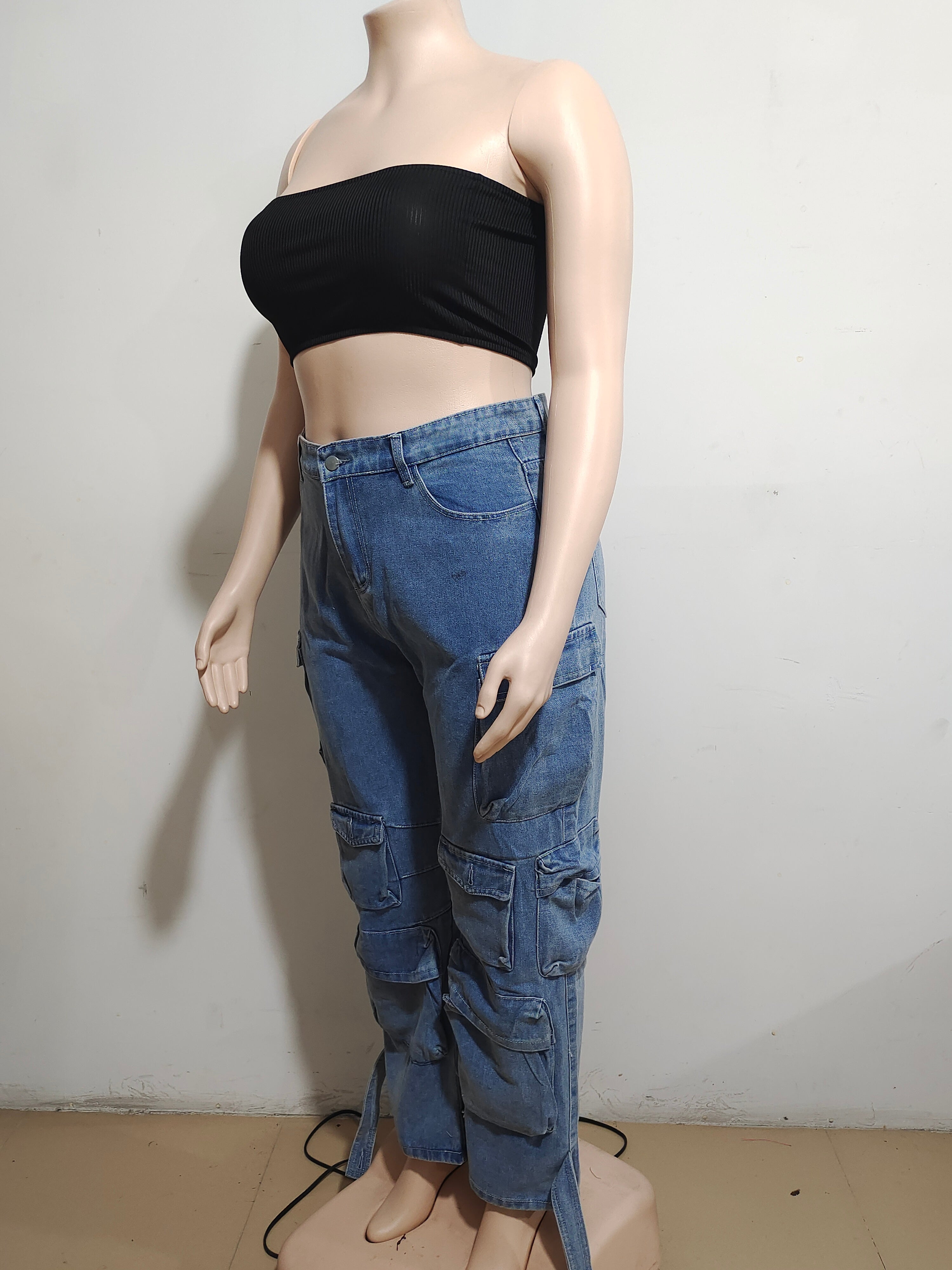 Trendy Multi Pocket Denim Pants Wash Cargo Pants Jeans 13