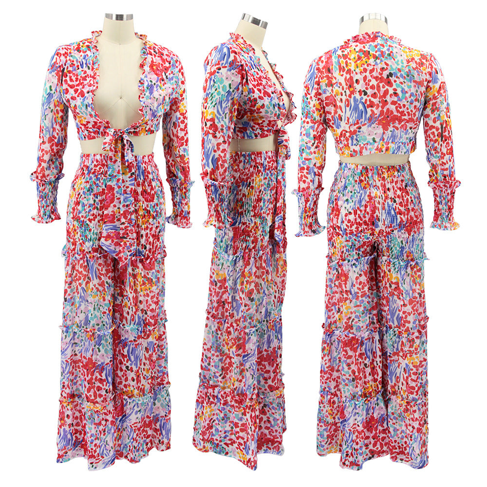 Women chiffon irregular printed long-sleeved top and wide-leg pants Casual two-piece set 18