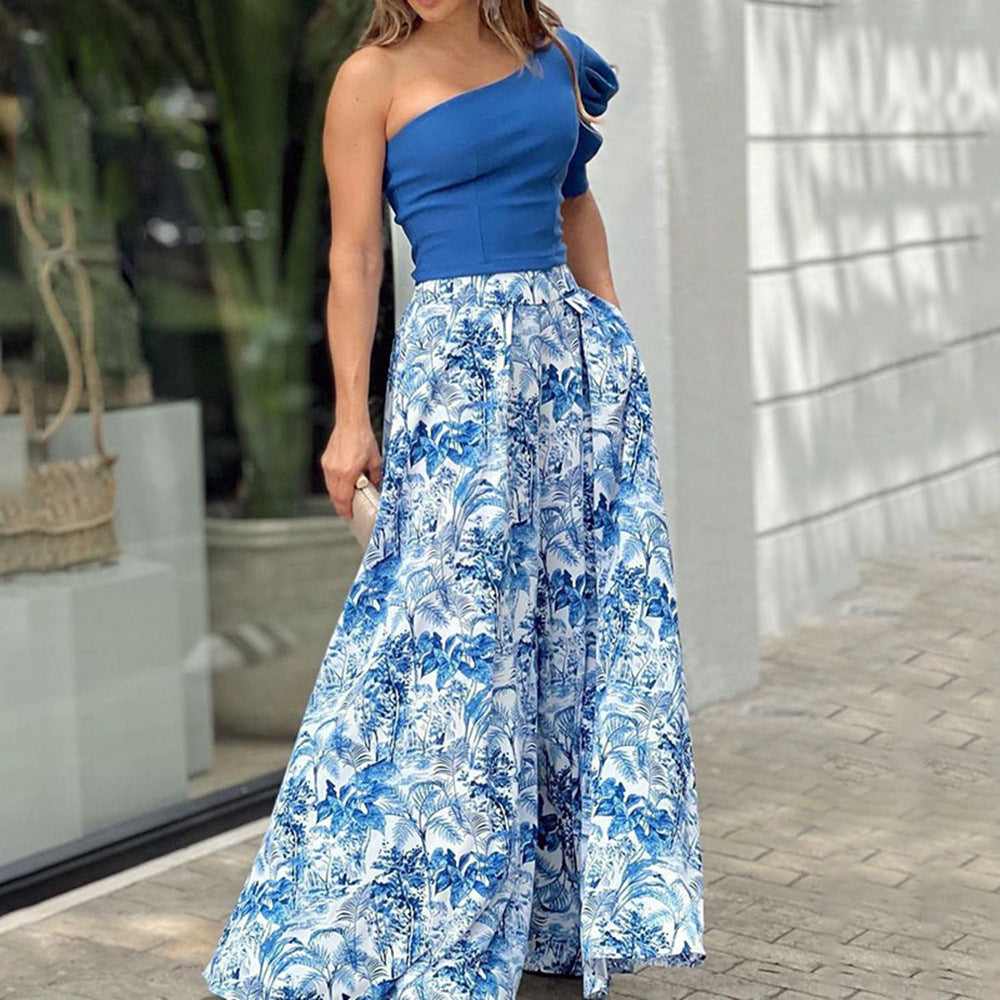 Women Style One-shoulder Top + Printed Swing Skirt Two-piece Set 8