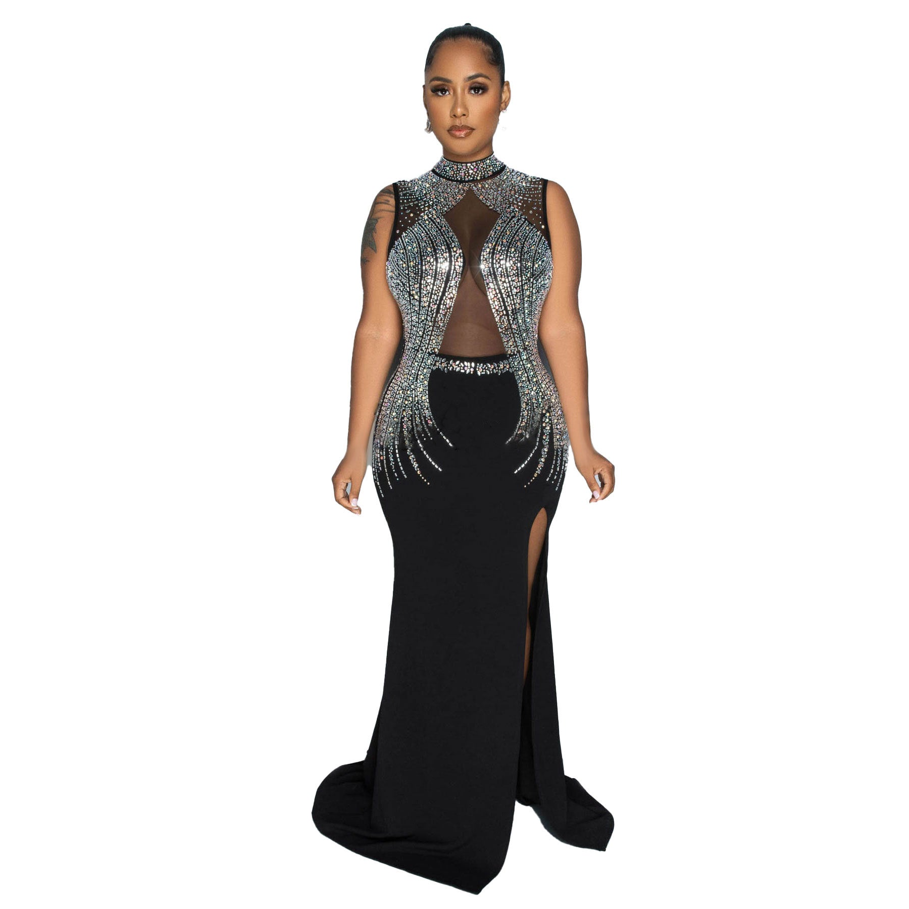 Women Beaded Mesh See-Through Patchwork Sleeveless Slit Dress 7