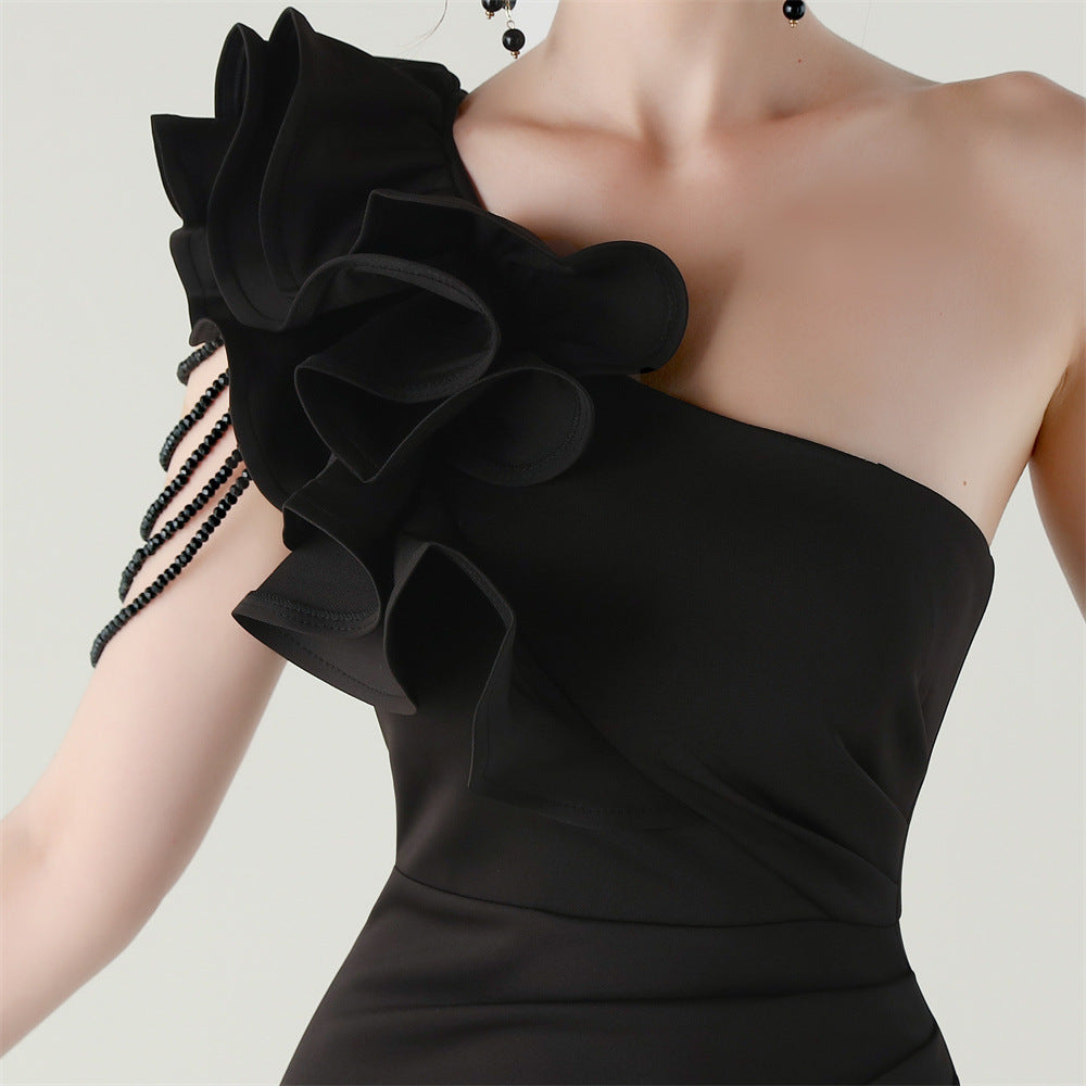 Women One-Shoulder Beaded Wool and Floral Satin Slit Sexy Evening Dress 65