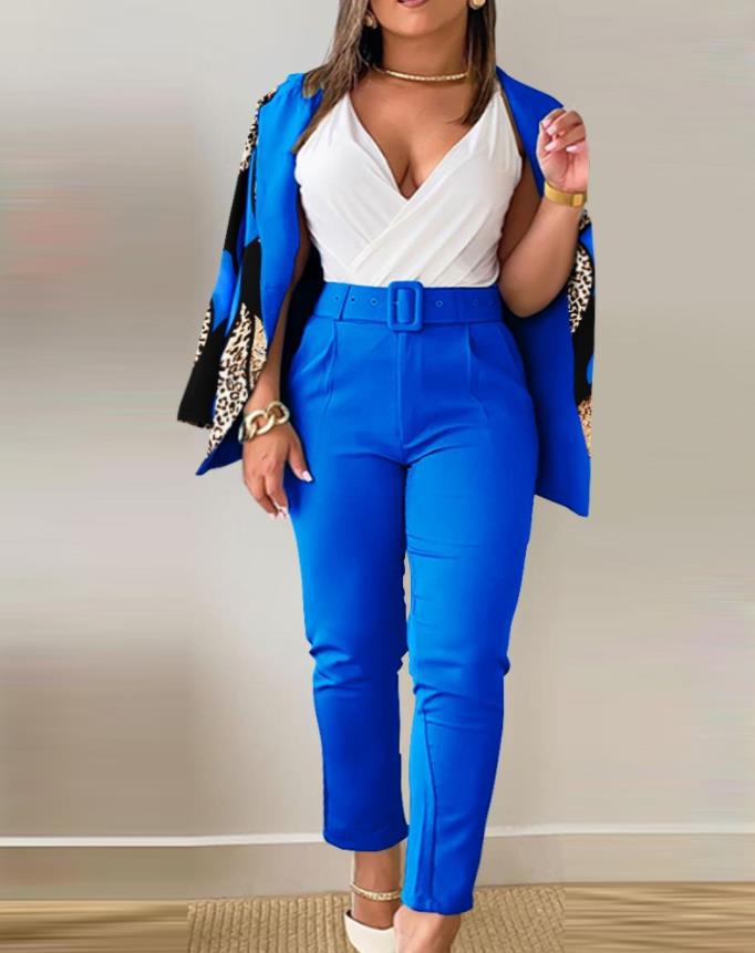 Women Printed Casual Blazer and Pant Two-Piece Set with Belt 19