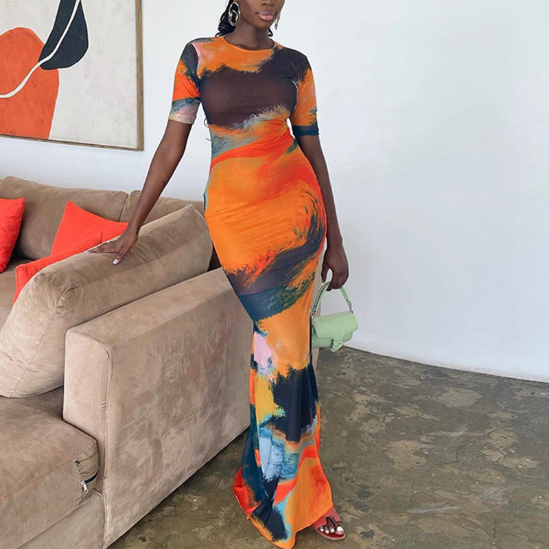 Women's Fashion Printed Round Neck Short Sleeve Street Casual Long Dress 3