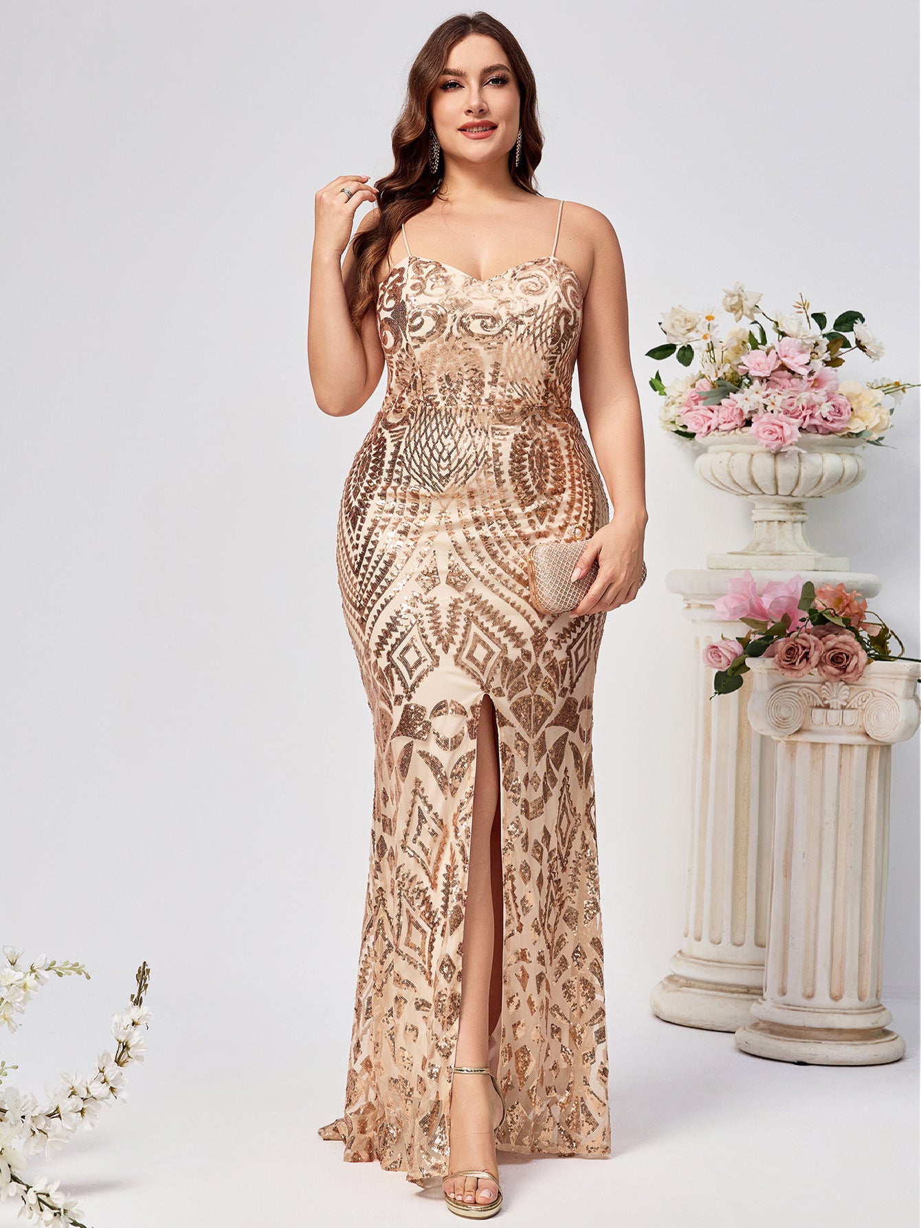 Plus Size Women Strap Sequin Fishtail Party Evening Dress 7