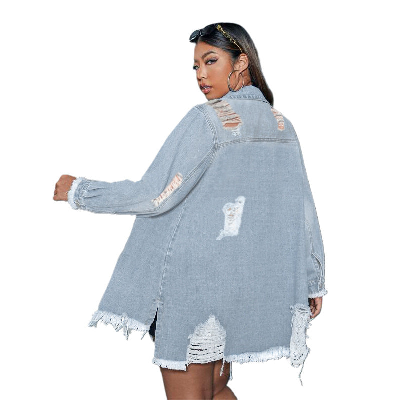 Women Tassel Ripped Long Sleeve Denim Jacket 6