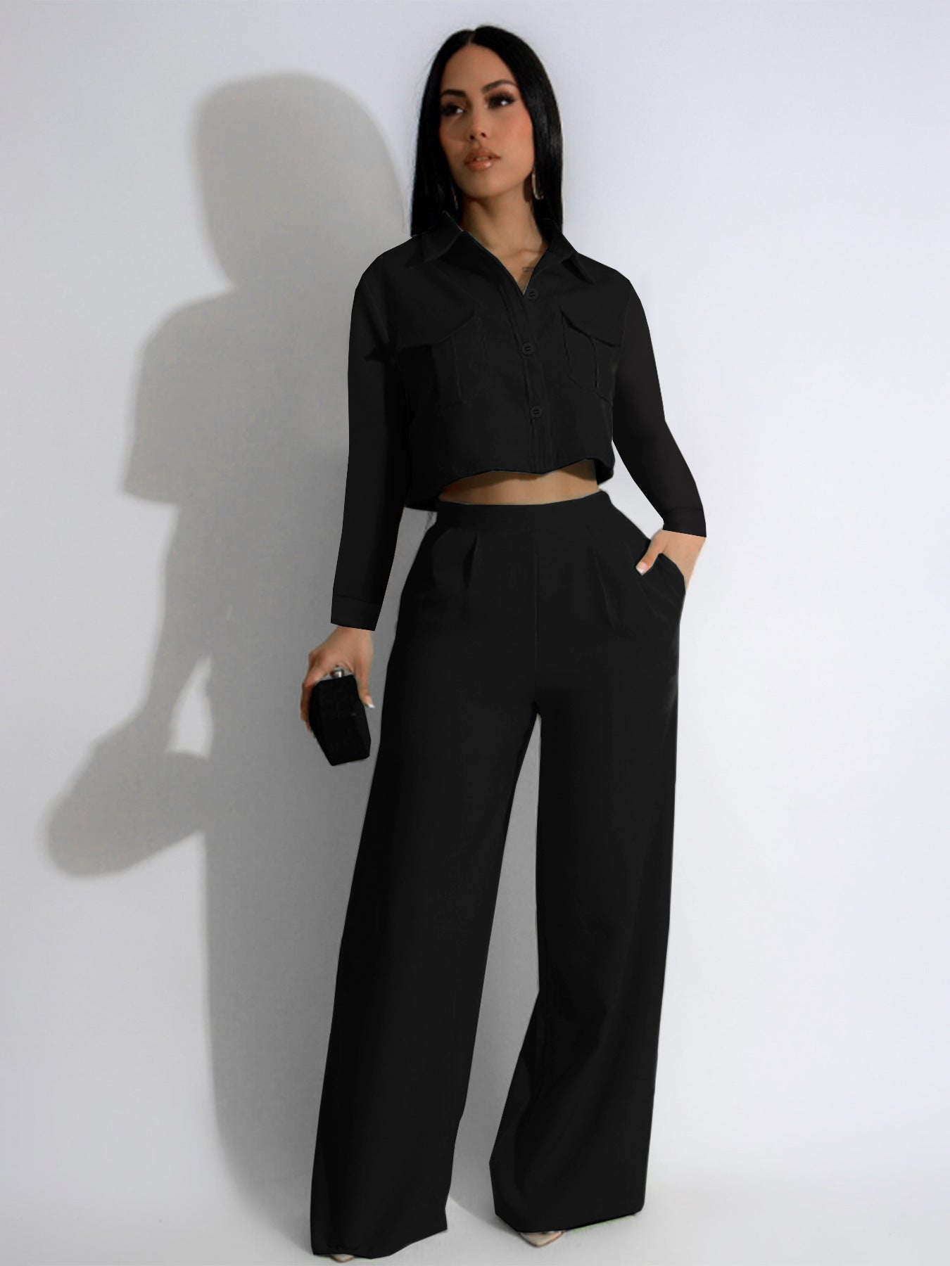 Women Fall Turndown Collar Long Sleeve Top and wide-leg pants Two Piece Set