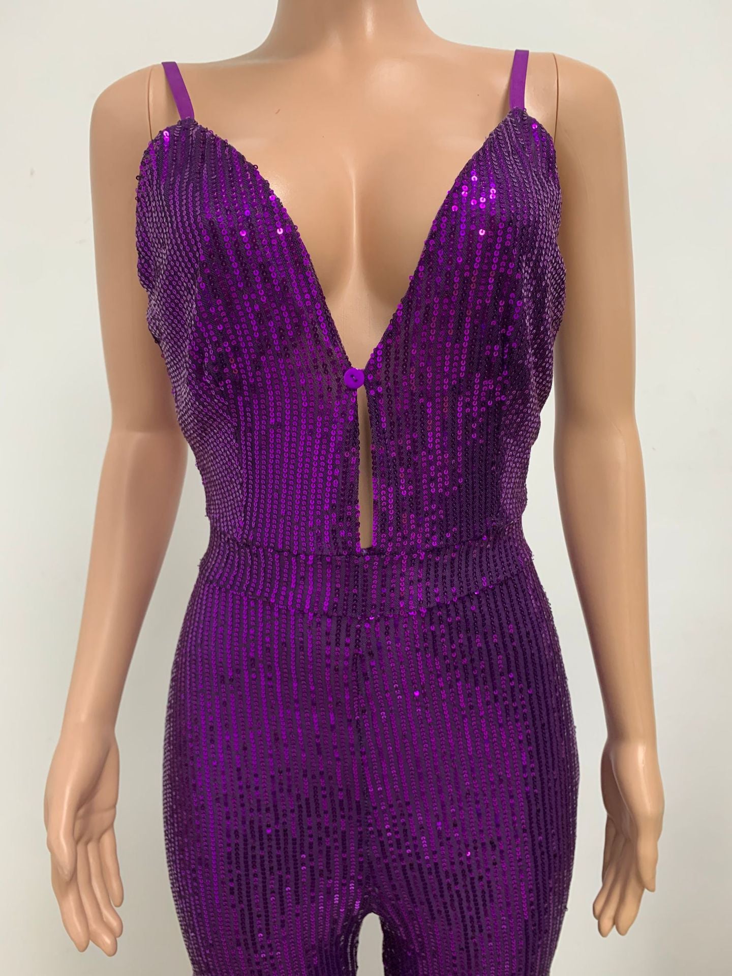 Deep V Neck Low Back Sleeveless Chic Sequined Straps Elegant Women's Party Jumpsuit 104