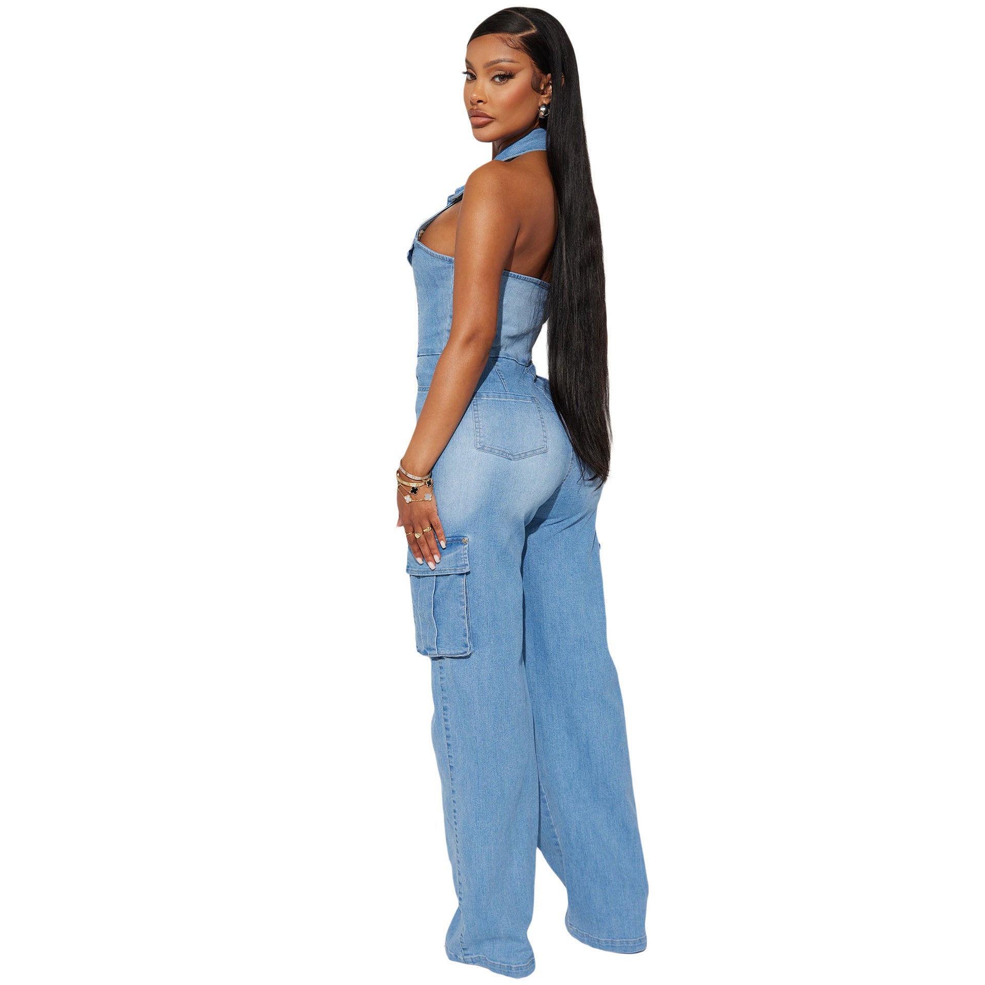 Halter Slim-Waisted Straight-Leg Loose Stretch-Denim Jumpsuit 5