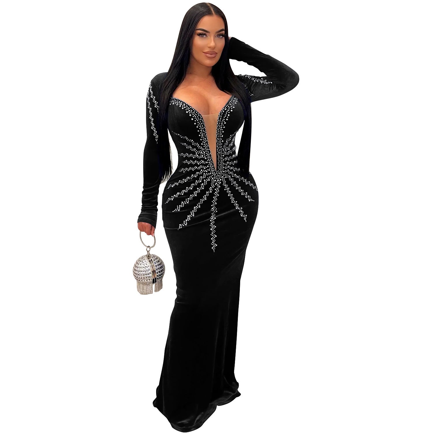 Women Solid Sexy Beaded Long Sleeve Dress 9