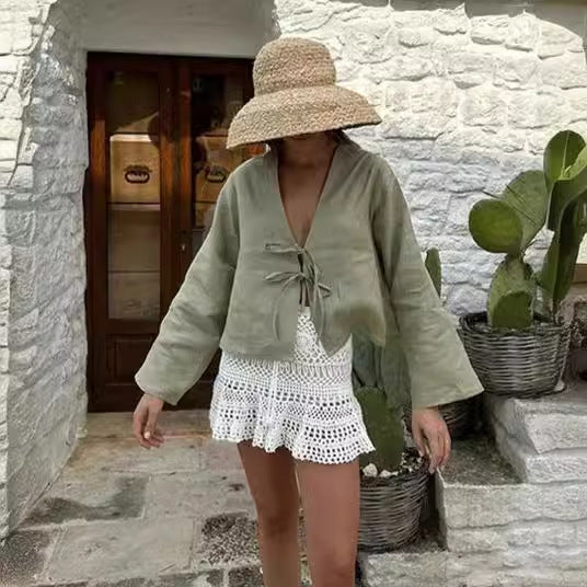 Women's Deep V Bell Bottom Sleeve Lace-Up Tops 6